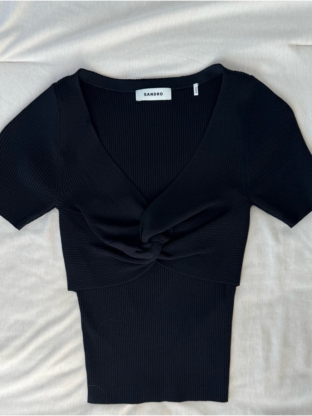 Sandro Black Ribbed Twist-Front Crop Top